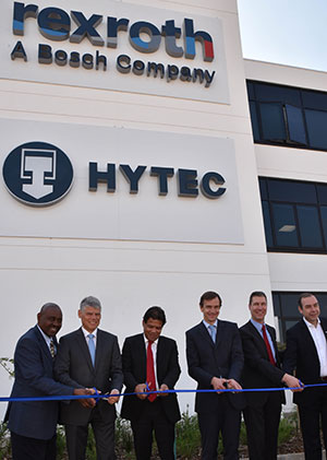 Cutting the ribbon marking the official inauguration of the Rexroth HUBB, from l: Stephen Dondolo  CEO, African Pioneer Group and director, Hytec & Bosch Rexroth South Africa; Dr Markus Forschner, executive president and chief financial officer, Bosch Rexroth AG; Lionel October (director general, Department of Trade and Industry; Martin Schäfer, German ambassador to South Africa; Tillmann Olsen, CEO, Bosch Rexroth South Africa; Dr Markus Thill, president, Bosch Africa).